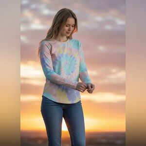 Banana boat casual pastel pink green Tie-Dye top shirt L long sleeve round neck